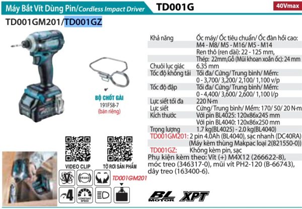 MÁY BẮT VÍT DÙNG PIN Makita TD001GZ (BL)(40V MAX) (không kèm pin sạc)