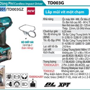 MÁY BẮT VÍT DÙNG PIN Makita TD003GA201 (BL)(40V MAX) kèm 02 pin 2.5 +  1 sạc