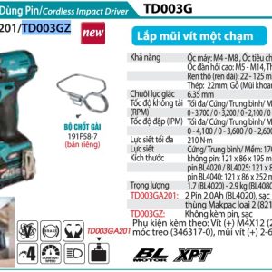 MÁY BẮT VÍT DÙNG PIN Makita TD003GZ (BL)(40V MAX) (không kèm pin sạc)