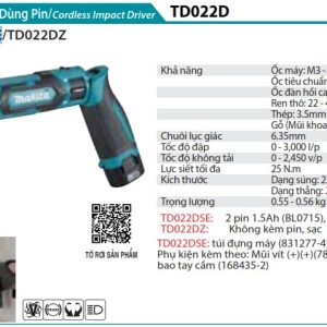 MÁY BẮT VÍT DÙNG PIN Makita TD022DSE (7.2V) (kèm 02 pin + sạc)