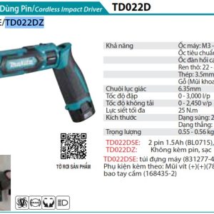 MÁY BẮT VÍT DÙNG PIN Makita TD022DZ (7.2V) (không kèm pin sạc)