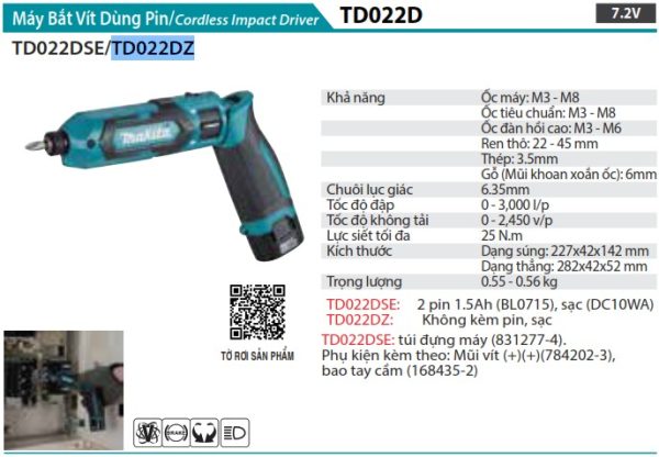 MÁY BẮT VÍT DÙNG PIN Makita TD022DZ (7.2V) (không kèm pin sạc)