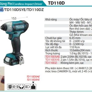 MÁY BẮT VÍT DÙNG PIN Makita TD110DSAE (12V MAX) (kèm 02 pin 2.0 + sạc)