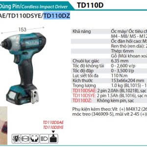 MÁY BẮT VÍT DÙNG PIN Makita TD110DZ (12V MAX) (không kèm pin sạc)