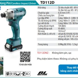 MÁY BẮT VÍT DÙNG PIN Makita TD112DNZ (NZ TYPE/BL)(12V MAX (không kèm pin sạc)