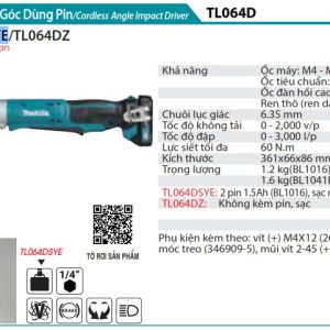 MÁY BẮT VÍT GÓC DÙNG PIN Makita TL064DSYE (12V MAX) (kèm 02 pin 1.5AH + sạc)