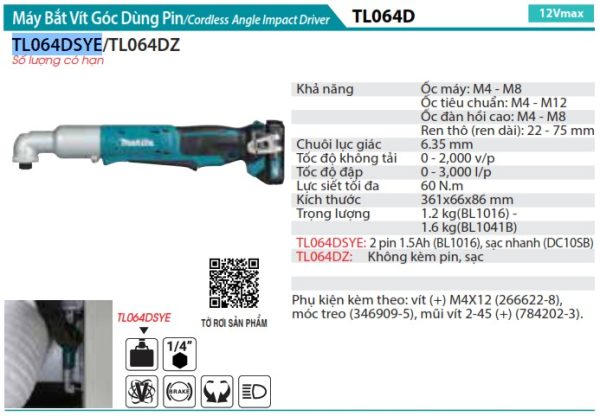 MÁY BẮT VÍT GÓC DÙNG PIN Makita TL064DSYE (12V MAX) (kèm 02 pin 1.5AH + sạc)