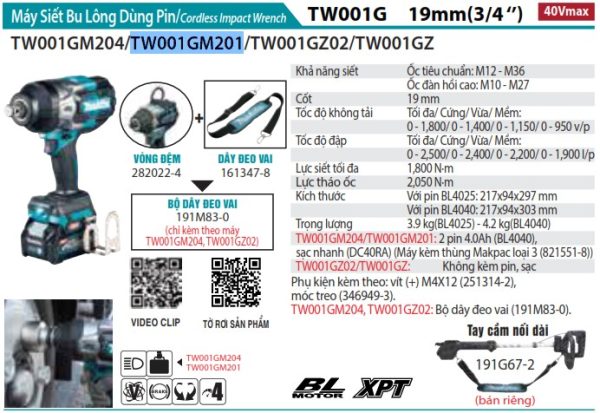 MÁY SIẾT BU LÔNG DÙNG PIN Makita TW001GM201 (19MM/BL)(40V M (kèm 02 pin 4.0Ah + sạc nhanh)