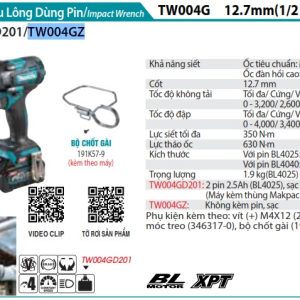 MÁY SIẾT BU LÔNG DÙNG PIN Makita TW004GZ (12.7MM) (không kèm pin sạc)