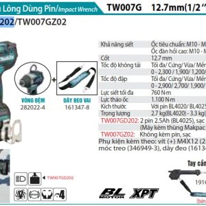 MÁY SIẾT BU LÔNG DÙNG PIN Makita TW007GD202(12.7MM/ (kèm 02 pin 2.5 Ah + sạc)