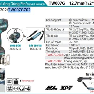 MÁY SIẾT BU LÔNG DÙNG PIN Makita TW007GZ02 (12.7MM/ (không kèm pin sạc)