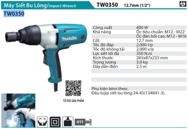 MÁY SIẾT BU LÔNG(12.7MM) Makita TW0350