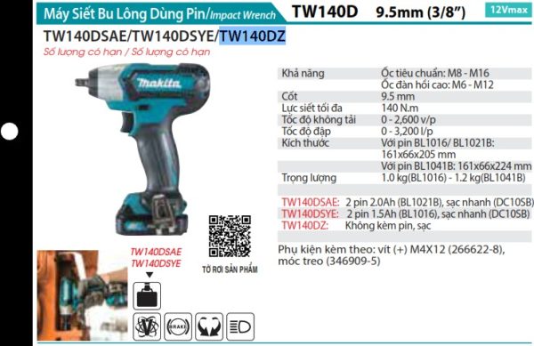 MÁY SIẾT BU LÔNG DÙNG PIN Makita TW140DZ (9.5MM) (không kèm pin sạc)