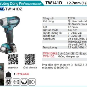 MÁY SIẾT BU LÔNG DÙNG PIN Makita TW141DSAE (12.7MM) (kèm 02 pin 2.0 + sạc)