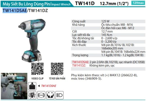 MÁY SIẾT BU LÔNG DÙNG PIN Makita TW141DSAE (12.7MM) (kèm 02 pin 2.0 + sạc)