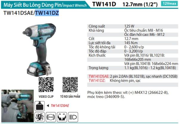 MÁY SIẾT BU LÔNG DÙNG PIN Makita TW141DZ (12.7MM) (không kèm pin sạc)