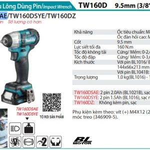 MÁY SIẾT BU LÔNG DÙNG PIN Makita TW160DSAE(9.5MM/BL) (kèm 02 pin 2.0 + sạc)