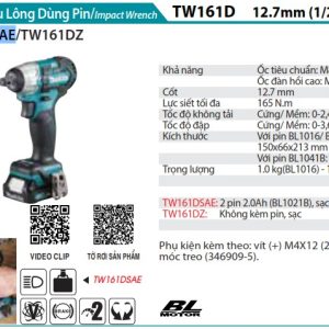 MÁY SIẾT BU LÔNG DÙNG PIN Makita TW161DSAE (12.7MM/BL) (kèm 02 pin 2.0 + sạc)