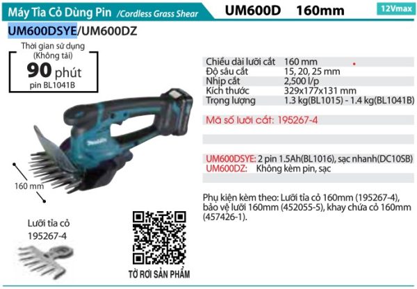 MÁY TỈA CỎ DÙNG PIN Makita UM600DSYE  (12V MAX) (kèm 02 pin 1.5AH + sạc)