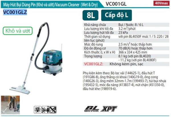 MÁY HÚT BỤI DÙNG PIN Makita VC001GLZ (ƯỚT&KHÔ/8L/BL)