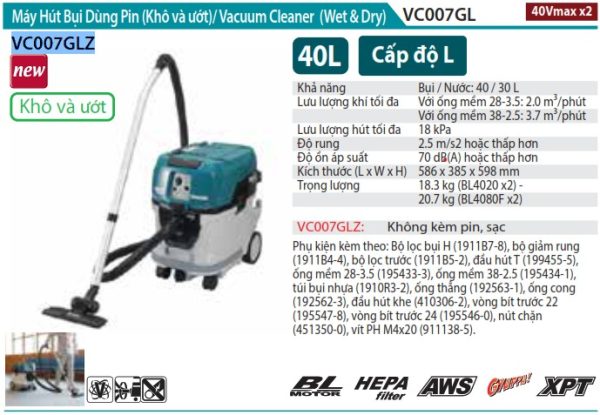 MÁY HÚT BỤI DÙNG PIN Makita VC007GLZ (WET&DRY/38L/AWS/BL) (không kèm pin sạc)