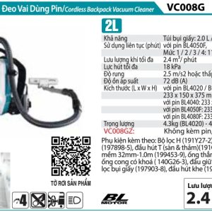 MÁY HÚT BỤI ĐEO VAI DÙNG PIN Makita VC008GZ (HEPA/2L/BL)