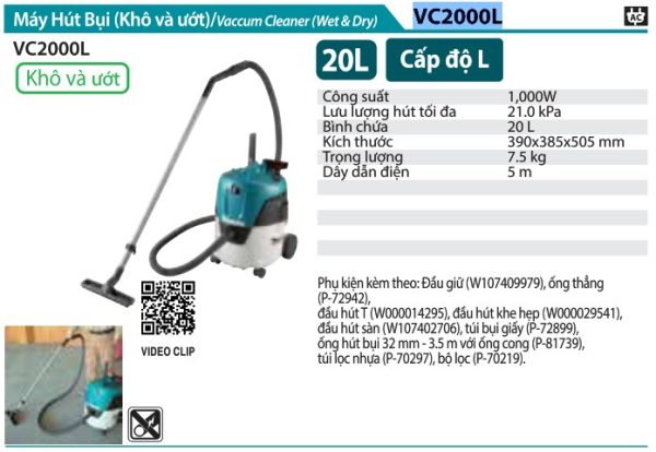 MÁY HÚT BỤI Makita VC2000L (ƯỚT&KHÔ)