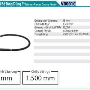 MÁY ĐẦM DÙI BÊ TÔNG DÙNG PIN Makita VR001CZ (43MM/1.5M/CHỈ DÙNG VỚI BỘ CẤP NGUỒN)