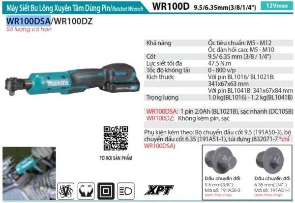 Máy Siết Bu Lông Xuyên Tâm Dùng Pin Makita WR100DSA (12v max)