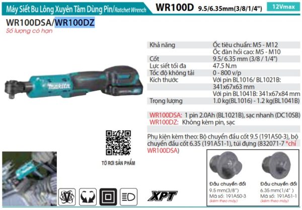 Máy Siết Bu Lông Xuyên Tâm Dùng Pin Makita WR100DZ (12v max)