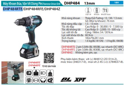 Máy Khoan Búa, Vặn Vít Dùng Pin(BL)(18V) (kèm 02 pin 5.0 + sạc nhanh) - Makita DHP484RTE