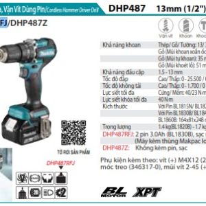 Máy Khoan Búa Và Vặn Vít Dùng Pin(BL)(18V) (kèm 02 pin 3.0 + sạc nhanh) - Makita DHP487RFJ