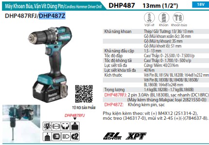 Máy Khoan Búa Và Vặn Vít Dùng Pin(BL)(18V) (không kèm pin sạc) - Makita DHP487Z