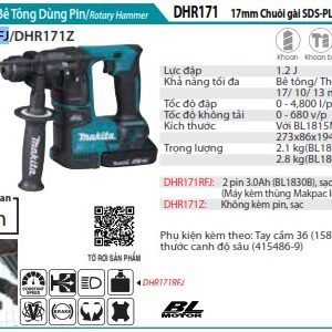 Máy Khoan Bê Tông Dùng Pin (kèm 02 pin 3.0 + sạc nhanh) - Makita DHR171RFJ