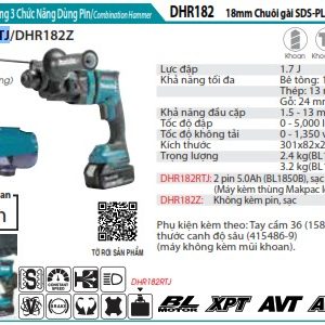 Máy Khoan Bê Tông 3 Chức Năng Dùng Pin (kèm 02 pin 5.0 + sạc nhanh) - Makita DHR182RTJ