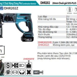 Máy Khoan Bê Tông 3 Chức Năng Dùng Pin (kèm 01 pin + sạc) - Makita DHR202SYE