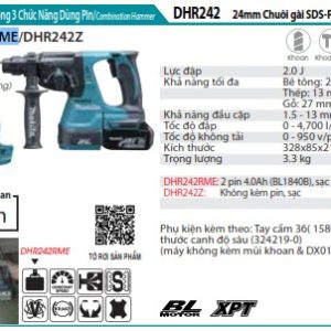 Máy Khoan Bê Tông 3 Chức Năng Dùng Pin (kèm 02 pin 4.0Ah + sạc nhanh) - Makita DHR242RME