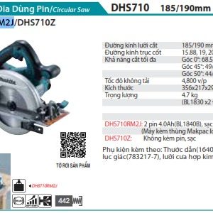 Máy Cưa Đĩa Dùng Pin(190MM)(18VX2) (kèm 02 pin 4.0Ah + sạc nhanh) - Makita DHS710RM2J