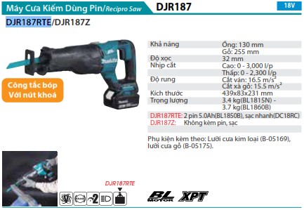 Máy Cưa Kiếm Dùng Pin(BL)(18V) (kèm 02 pin 5.0 + sạc nhanh) - Makita DJR187RTE