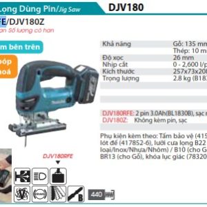 Máy Cưa Lọng Dùng Pin(18V) (kèm 02 pin 3.0 + sạc nhanh) - Makita DJV180RFE