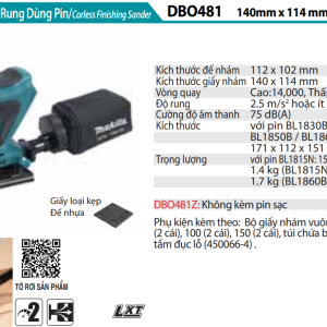 Máy Chà Nhám Rung Dùng Pin(ĐẾ NHỰA/ (không kèm pin sạc) - Makita DBO481Z