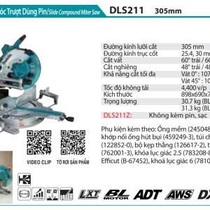 Máy Cưa Đa Góc Trượt Dùng Pin(AWS/BL) (không kèm pin sạc) - Makita DLS211Z