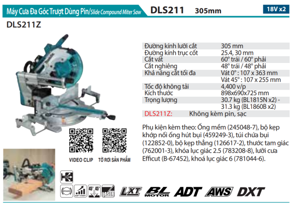 Máy Cưa Đa Góc Trượt Dùng Pin(AWS/BL) (không kèm pin sạc) - Makita DLS211Z