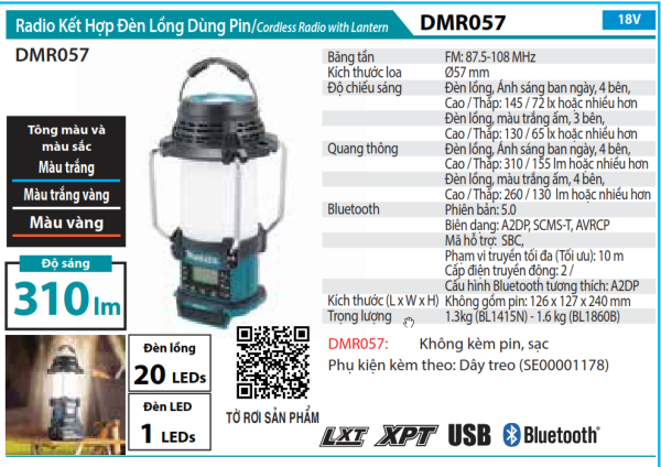 Radio Kết Hợp Đèn Lồng Dùng Pin(18V/14.4V) - Makita DMR057