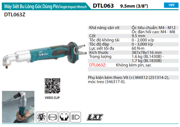 Máy Siết Bu Lông Góc Dùng Pin(18V) (không kèm pin sạc) - Makita DTL063Z