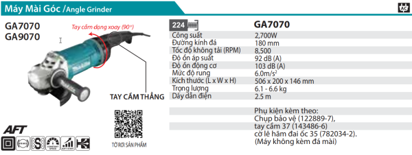 Máy Mài Góc(180MM/2800W/CÔNG TẮC BÓP) - Makita GA7070