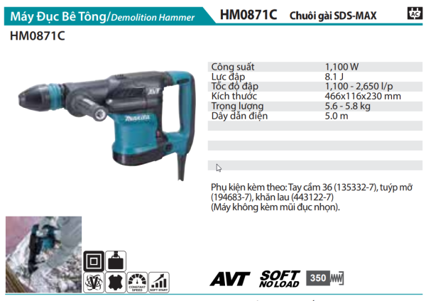 Máy Đục Bê Tông(CHUÔI GÀI SDS-MAX) - Makita HM0871C