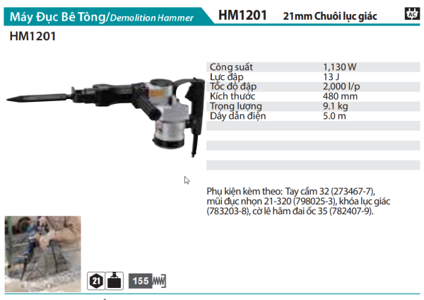 Máy Đục Bê Tông(CHUÔI LỤC GIÁC 21MM) - Makita HM1201