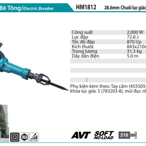 Máy Đục Bê Tông(CHUÔI LỤC GIÁC 28.6MM) - Makita HM1812