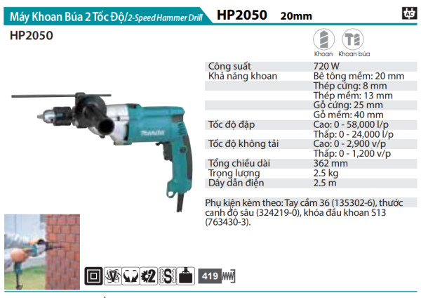 Máy Khoan Búa 2 Tốc Độ(20MM) - Makita HP2050